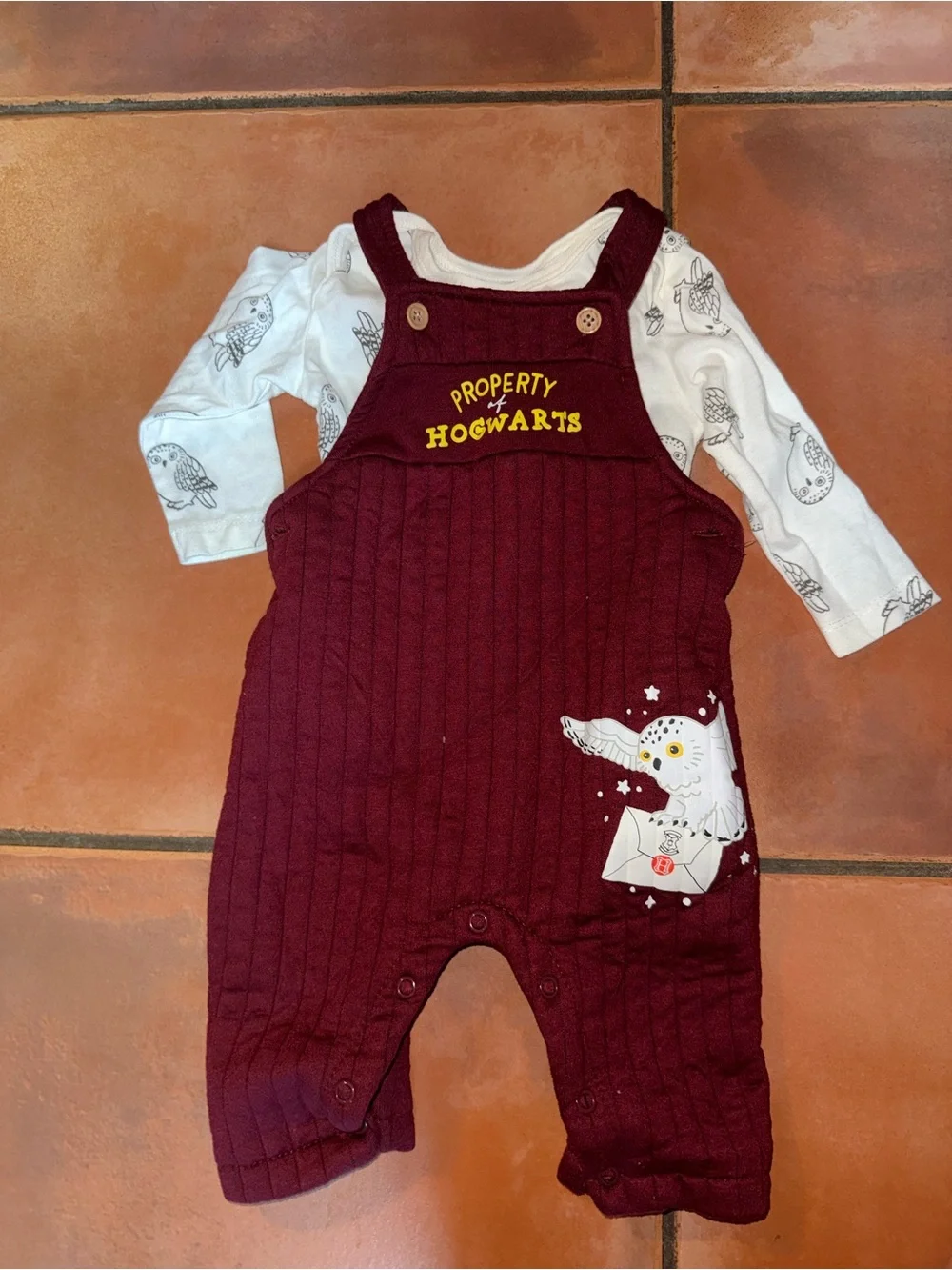 Burgundy Kids Overalls with Owl Graphic - Property of Hogwarts